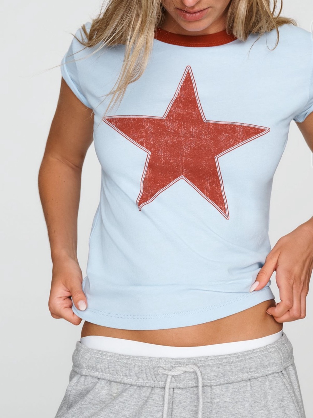 Anthropologie Letluv Women’s Light Blue Star Graphic Tee with Rust Accent